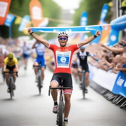 A cycling race finish line where protocol models are handing out cold beers and sweat towels to the participants