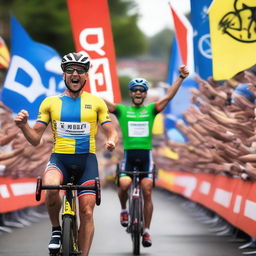 A cycling race finish line where protocol models are handing out cold beers and sweat towels to the participants