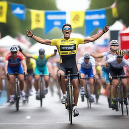 A cycling race finish line where protocol models are handing out cold beers and sweat towels to the participants