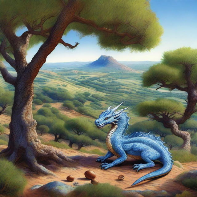 A realistic depiction of a dehesa in Extremadura with dragons covered in scales eating acorns among the holm oaks