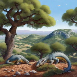 A realistic depiction of a dehesa in Extremadura with dragons covered in scales eating acorns among the holm oaks