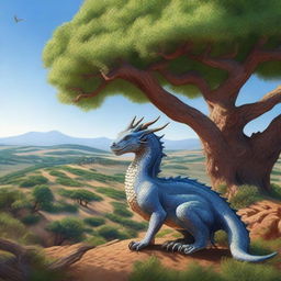 A realistic depiction of a dehesa in Extremadura with dragons covered in scales eating acorns among the holm oaks