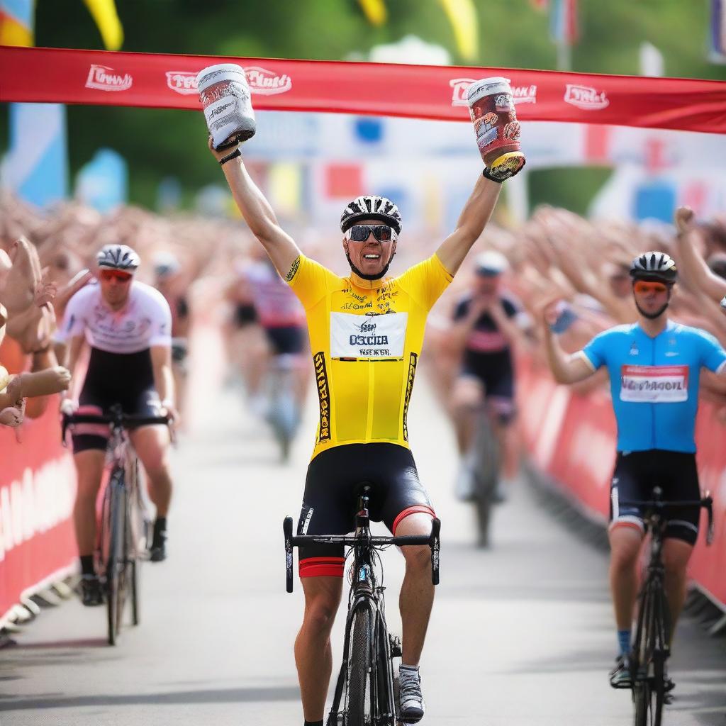 A cycling race finish line where protocol models are handing out cold beers and sweat towels to the participants