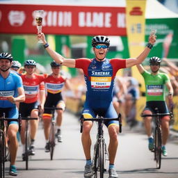 A cycling race finish line where protocol models are handing out cold beers and sweat towels to the participants