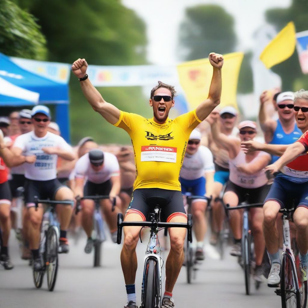 A cycling race finish line where protocol models are handing out cold beers and sweat towels to the participants