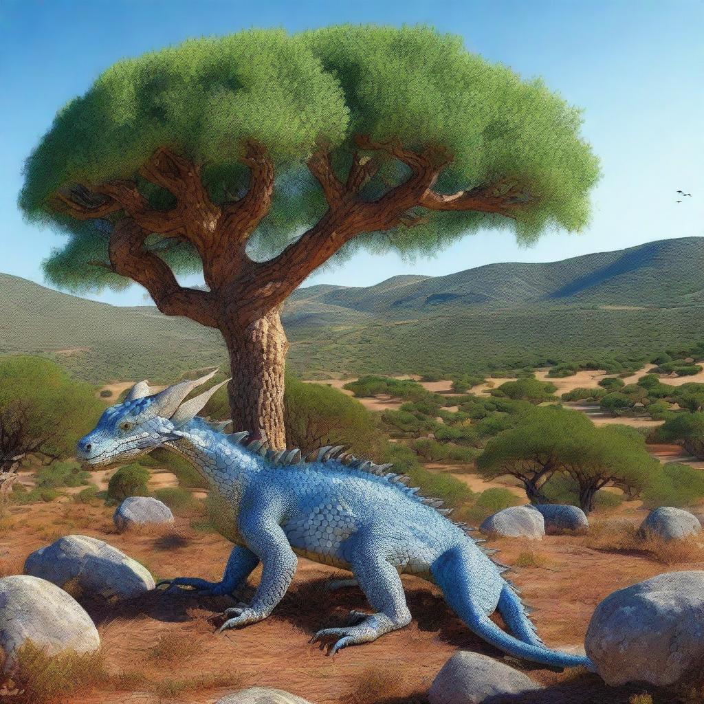 A realistic photograph of a dehesa in Extremadura with dragons covered in scales eating acorns among the holm oaks