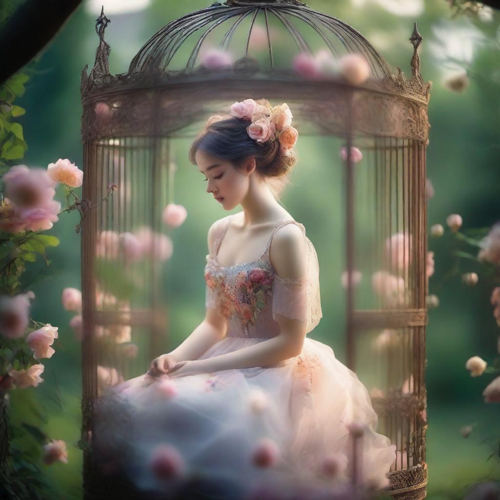 A young woman inside a large birdcage, wearing a flowing dress