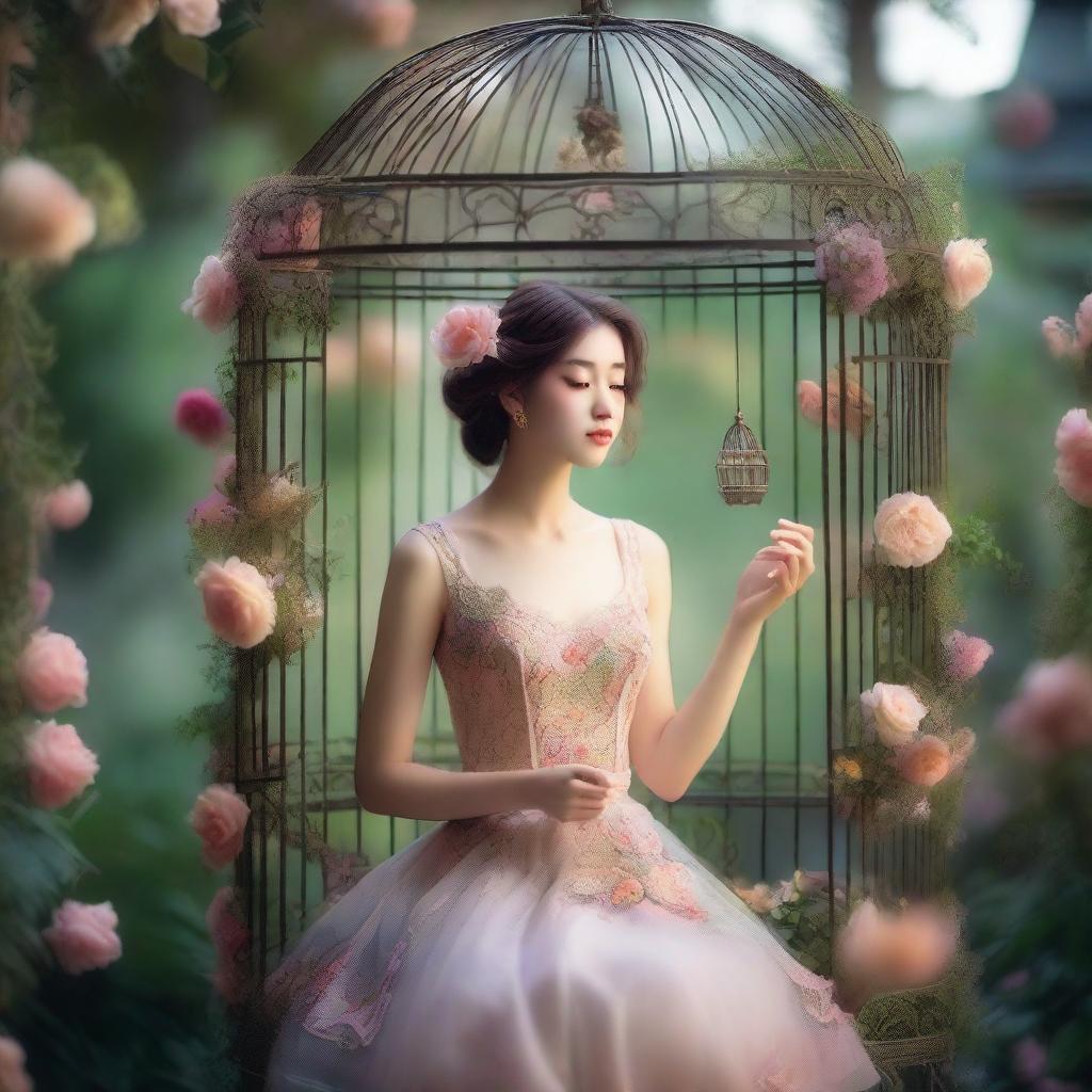 A young woman inside a large birdcage, wearing a flowing dress