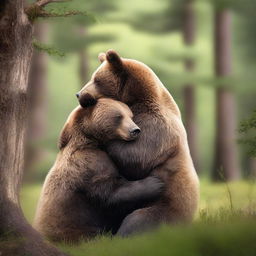 Create an artistic and tasteful image of two bears in a loving embrace in a natural setting