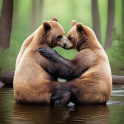 Create an artistic and tasteful image of two bears in a loving embrace in a natural setting