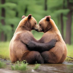 Create an artistic and tasteful image of two bears in a loving embrace in a natural setting