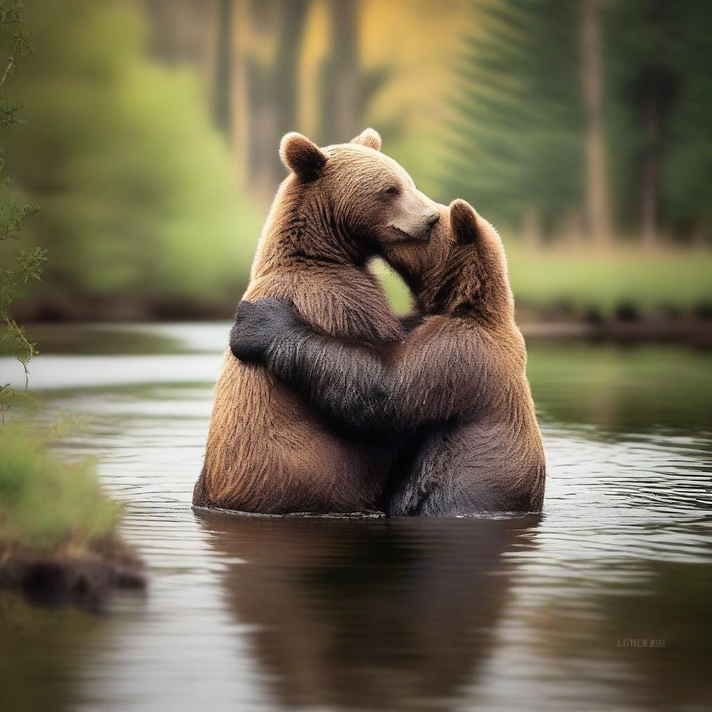 Create an artistic and tasteful image of two bears in a loving embrace in a natural setting