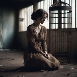 A young woman in tattered clothing sits sadly inside a rusty birdcage