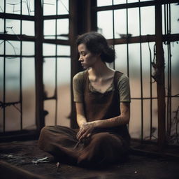 A young woman in tattered clothing sits sadly inside a rusty birdcage