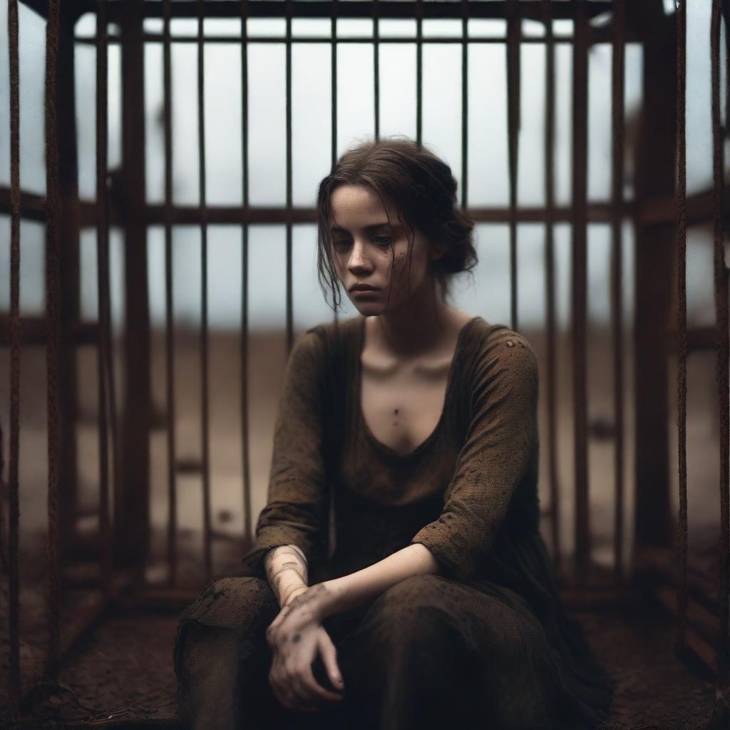 A young woman in tattered clothing sits sadly inside a rusty birdcage