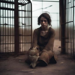 A young woman in tattered clothing sits sadly inside a rusty birdcage