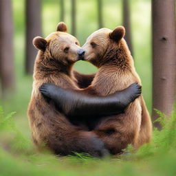 Create an artistic image of two bears in a loving embrace in a natural setting