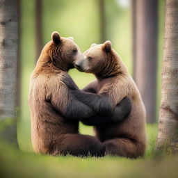 Create an artistic image of two bears in a loving embrace in a natural setting