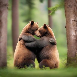 Create an artistic image of two bears in a loving embrace in a natural setting