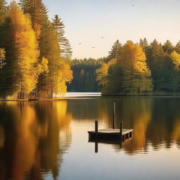 A serene and peaceful scene featuring a calm lake surrounded by lush greenery and tall trees