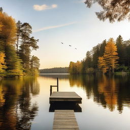 A serene and peaceful scene featuring a calm lake surrounded by lush greenery and tall trees