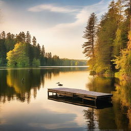 A serene and peaceful scene featuring a calm lake surrounded by lush greenery and tall trees