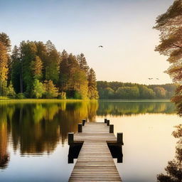 A serene and peaceful scene featuring a calm lake surrounded by lush greenery and tall trees