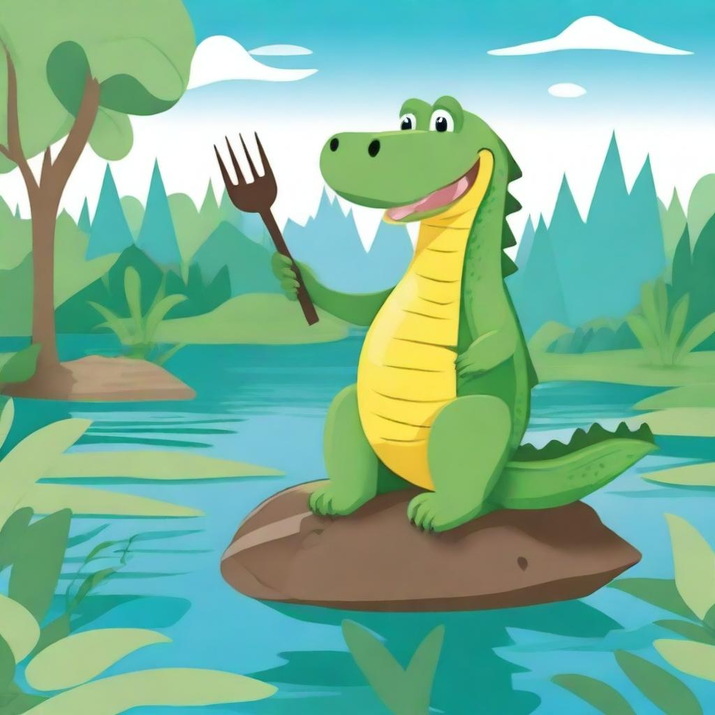 Create an image of an alligator holding a pitchfork in a swampy environment