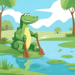 Create an image of an alligator holding a pitchfork in a swampy environment