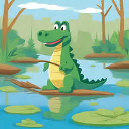 Create an image of an alligator holding a pitchfork in a swampy environment