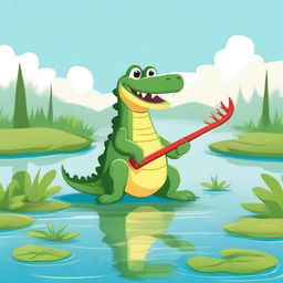 Create an image of an alligator holding a pitchfork in a swampy environment