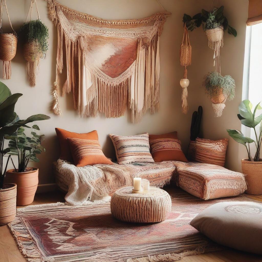 A realistic photo of a boho-chic styled scene