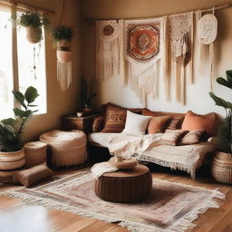 A realistic photo of a boho-chic styled scene