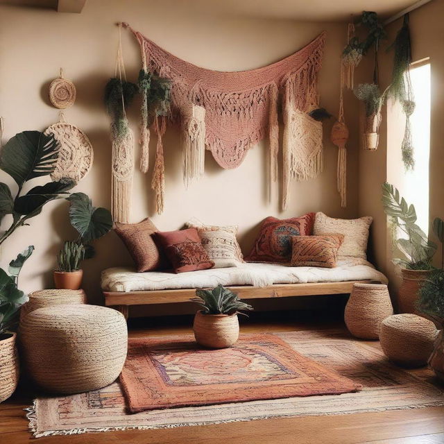 A realistic photo of a boho-chic styled scene