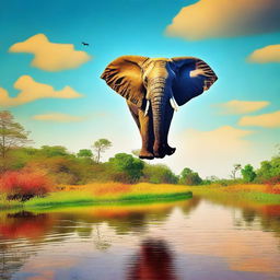 Un elefante volando en un ala delta sobre un paisaje hermoso y colorido