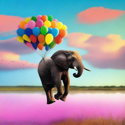 Un elefante volando en un ala delta sobre un paisaje hermoso y colorido