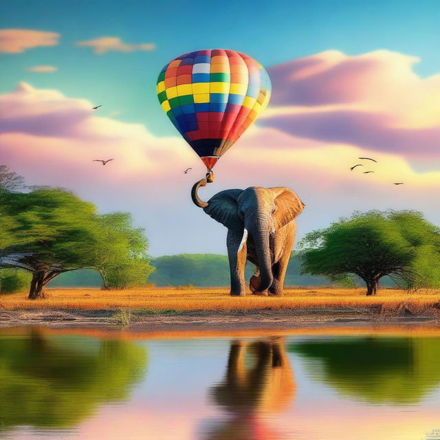 Un elefante volando en un ala delta sobre un paisaje hermoso y colorido