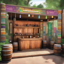 A 12x4 meter beer sales bar at a music festival with a boho-chic aesthetic