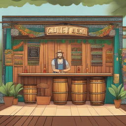 A 12x4 meter beer sales bar at a music festival with a boho-chic aesthetic