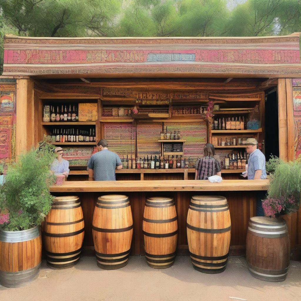 A 12x4 meter beer sales bar at a music festival with a boho-chic aesthetic