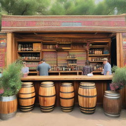 A 12x4 meter beer sales bar at a music festival with a boho-chic aesthetic