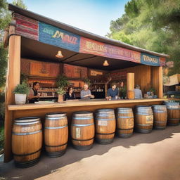 A 12x4 meter beer sales bar at a music festival with a boho-chic aesthetic