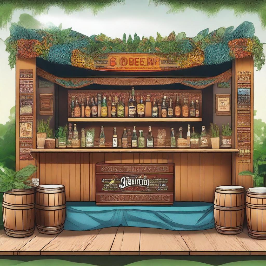 A 12x4 meter beer sales bar at a music festival with a boho-chic aesthetic