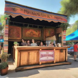 A 12x4 meter beer sales bar at a music festival with a boho-chic aesthetic