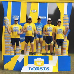 A cycling podium featuring beer cans as trophies