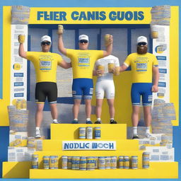 A cycling podium featuring beer cans as trophies