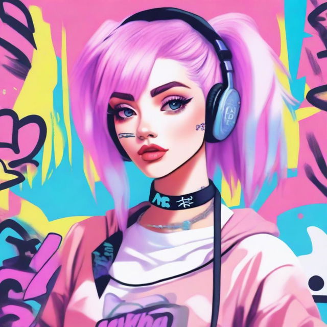 Create an image of an e-girl with pastel hair, wearing trendy streetwear, and accessorized with cute earrings and a choker