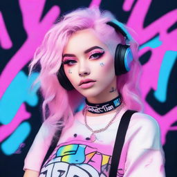 Create an image of an e-girl with pastel hair, wearing trendy streetwear, and accessorized with cute earrings and a choker