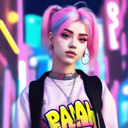 Create an image of an e-girl with pastel hair, wearing trendy streetwear, and accessorized with cute earrings and a choker