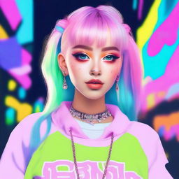 Create an image of an e-girl with pastel hair, wearing trendy streetwear, and accessorized with cute earrings and a choker